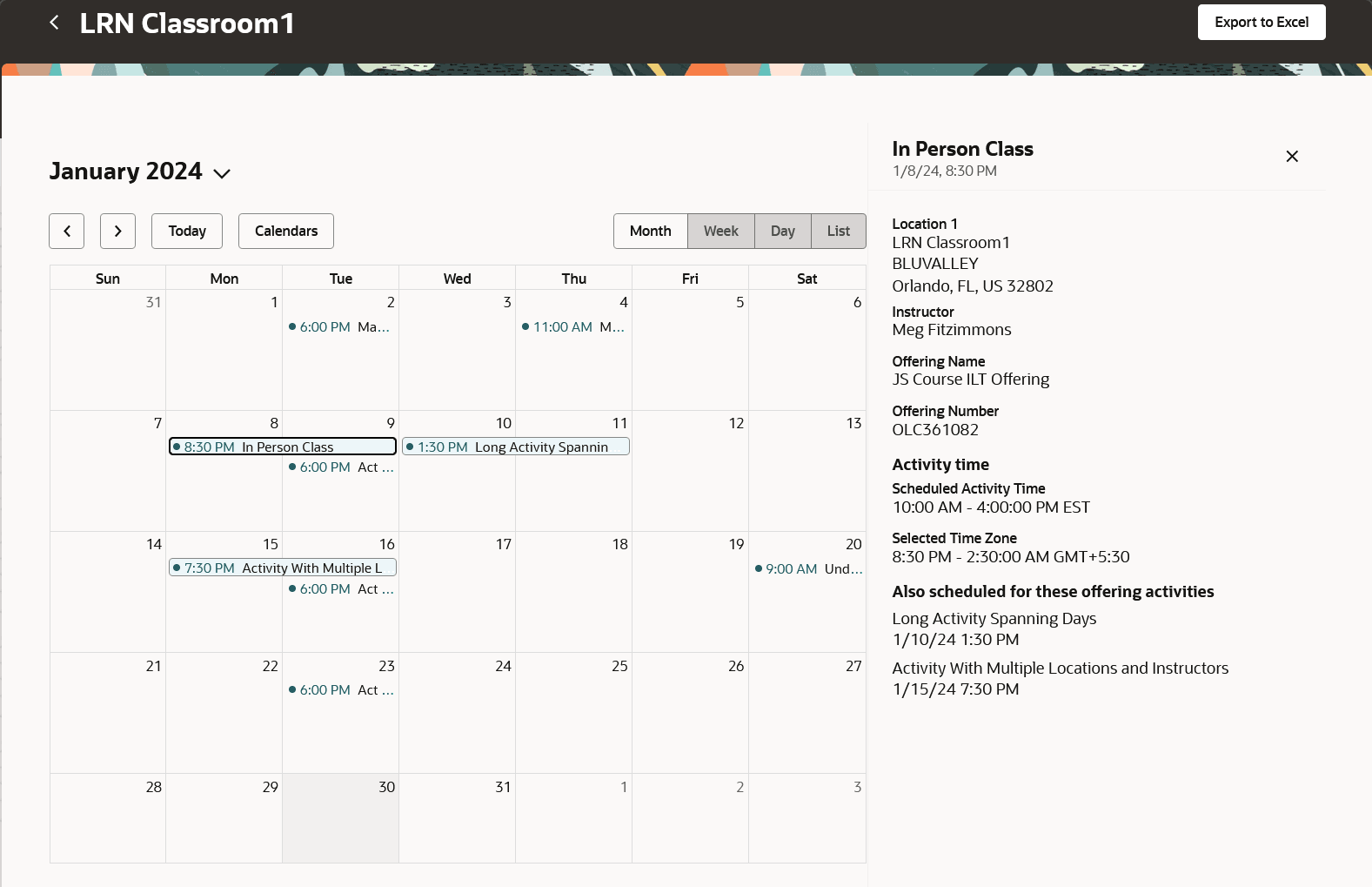 Classroom Calendar Page with the Activity Details Panel Drawer Open