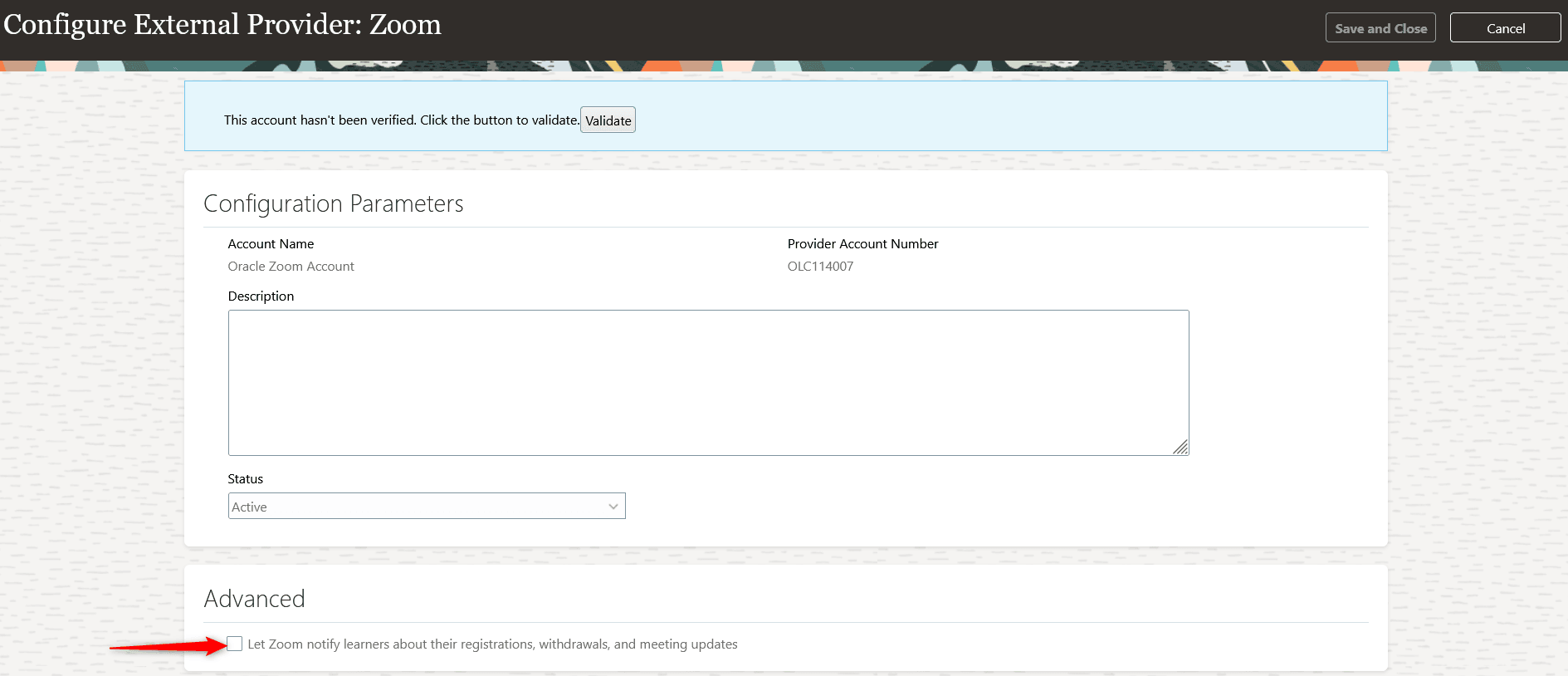 Configure External Provider: Zoom Page Showing the Advanced Option to Enable or Disable Email Notifications