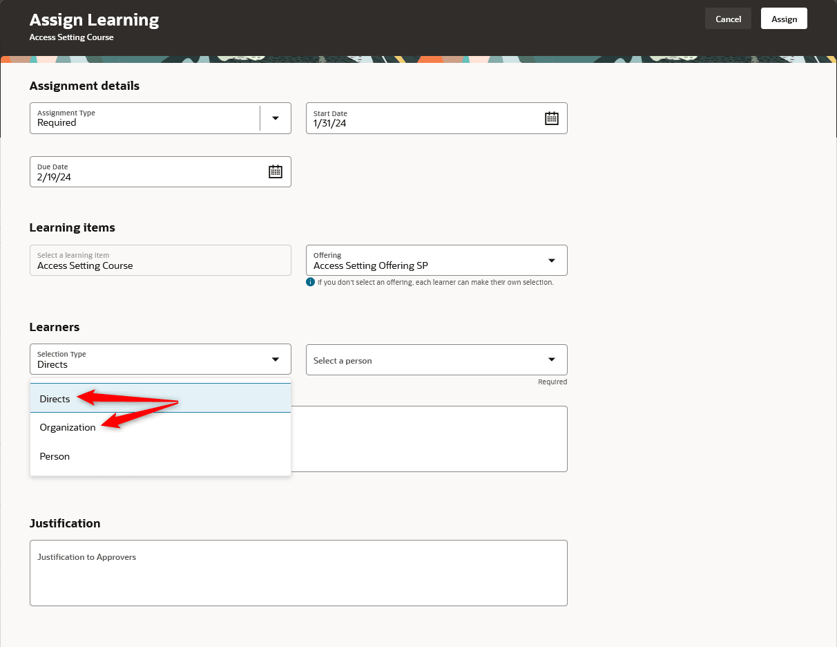 Assign Learning Page Showing the Learner Selection Type Choices and the Corresponding Person Selection Field