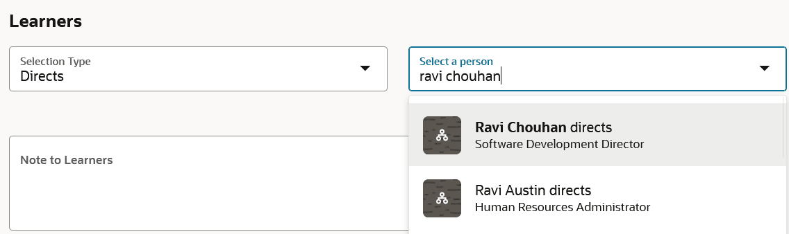Learners Section of the Assign Learning page with a Selection Type of Directs and the Corresponding Person Drop-Down List