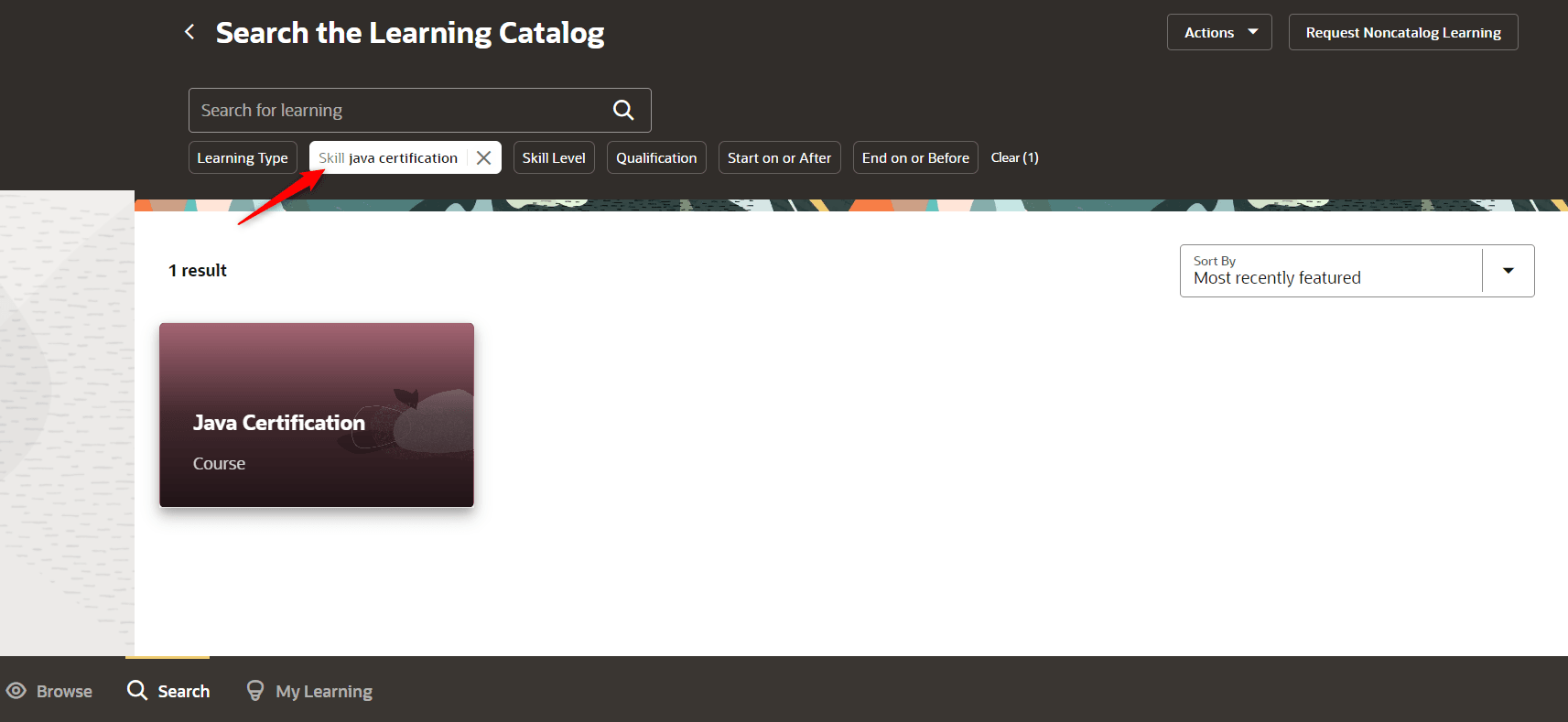 Search Learning Page with the Skill Filter Set to Show Learning with the Java Certification Skill