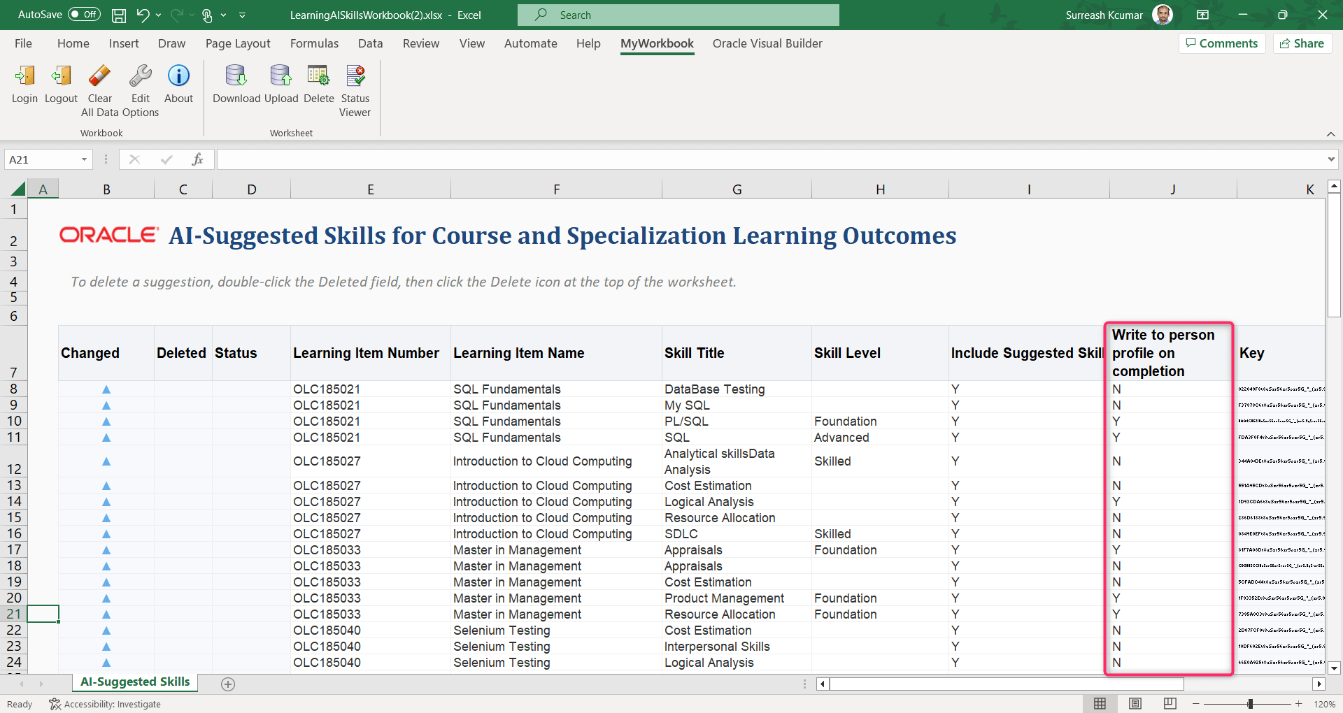 Microsoft Excel File with the AI-Suggested Covers and Outcomes Skills for Courses and Specializations
