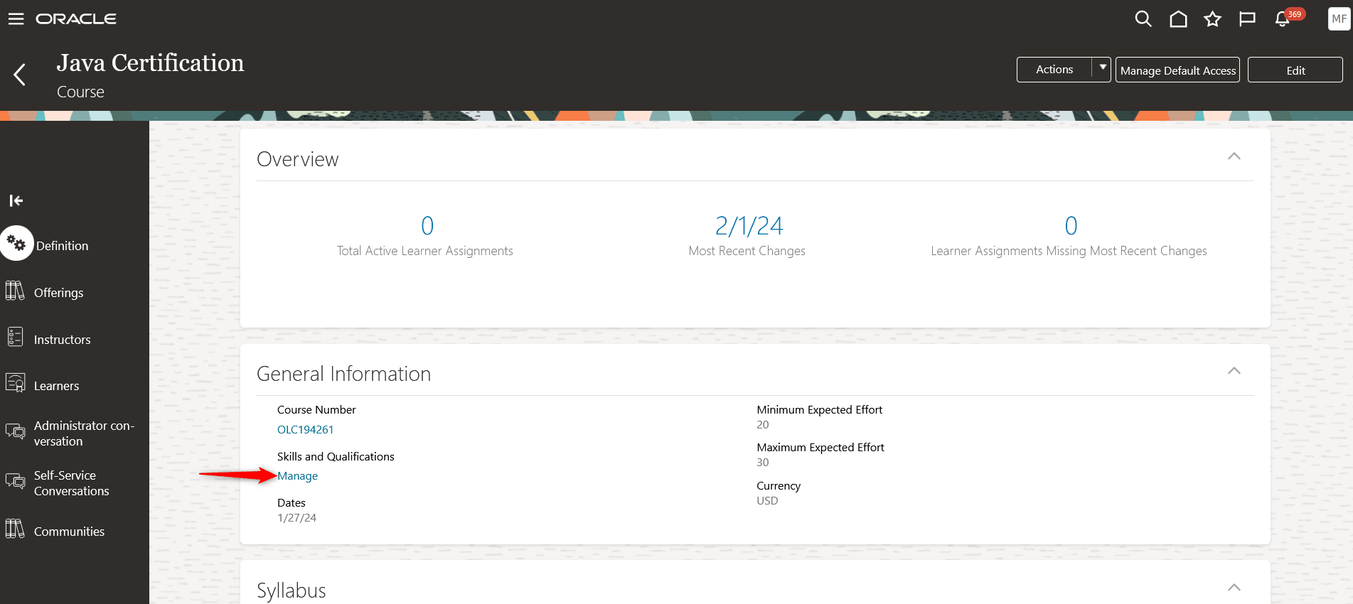 Course Details Page, Definition Tab Showing the Link to Manage Skills and Qualifications