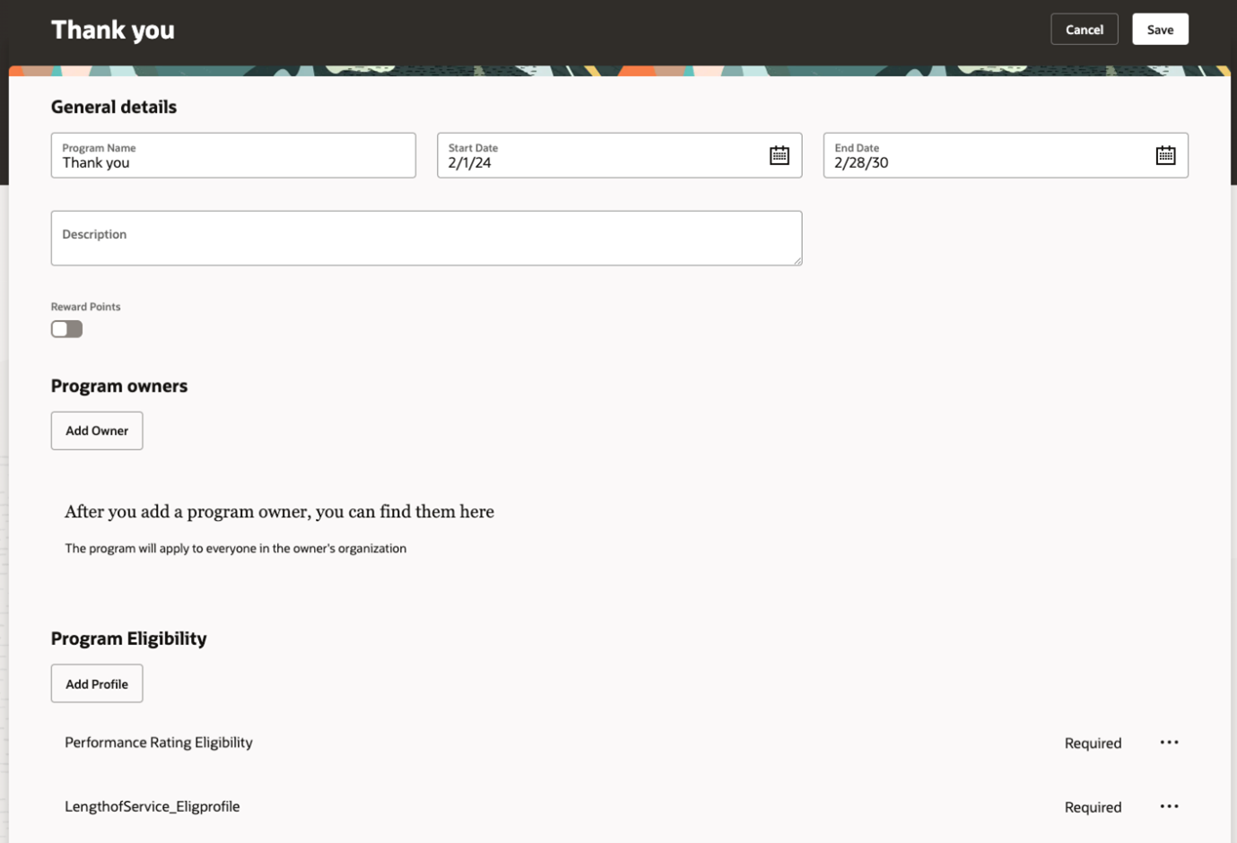 Screen capture of the program creation page that shows the eligibility profile option. 