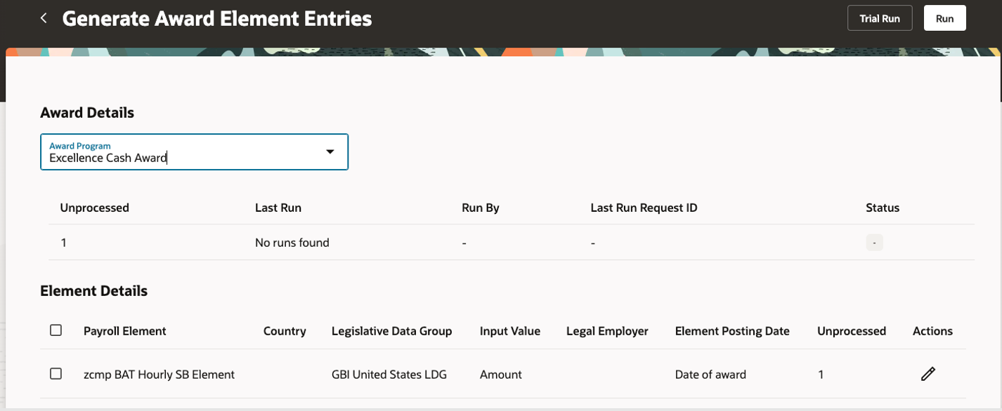 Screen capture for the Generate Award Element Entries page.