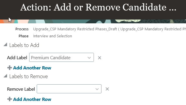 Image showing the Labels to Add section in a candidate selection process.