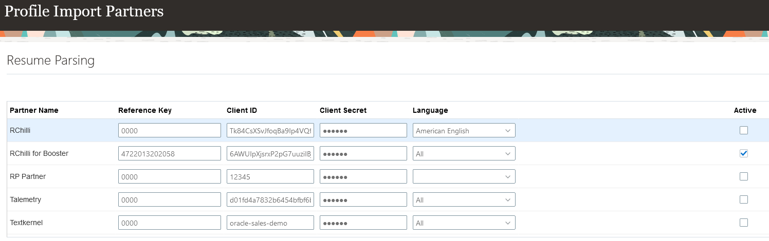 Image showing the Profile Import Partners page.