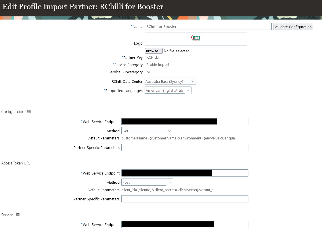 Image showing the Edit Profile Import Partner page.