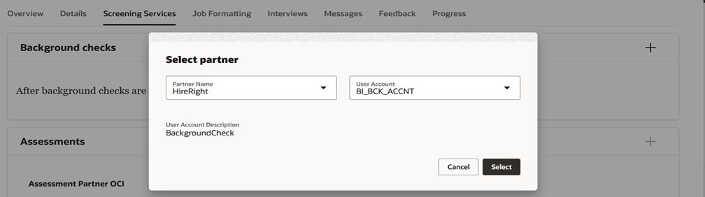 Image showing how to select a partner in the Screening Services tab.