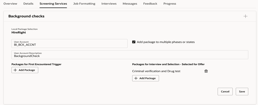 Image showing how to select a package in the Screening Services tab.