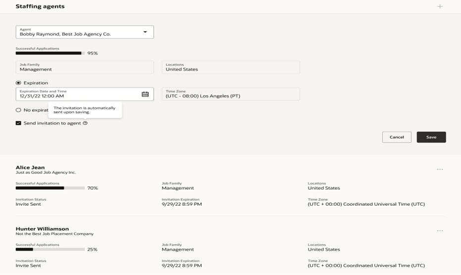Image showing the Staffing agents section in the Posting tab.