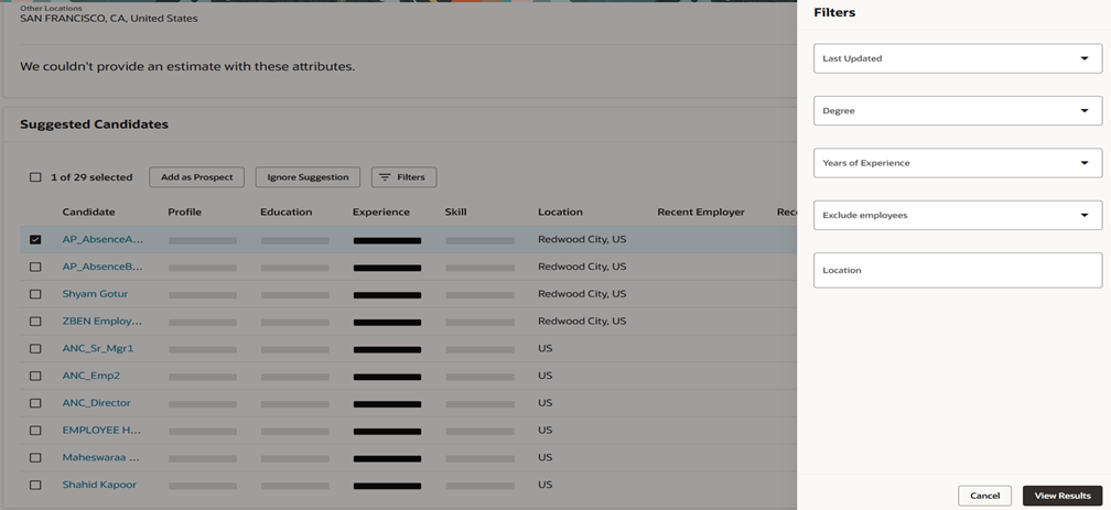 Image showqing filters to refine the suggested candidates results