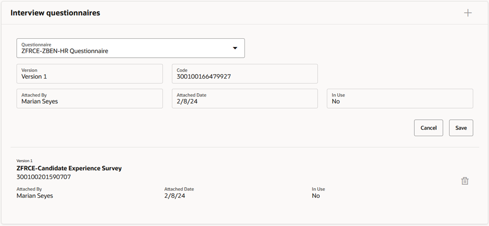 Image showing the Interview Questionnaires section in the Details tab.