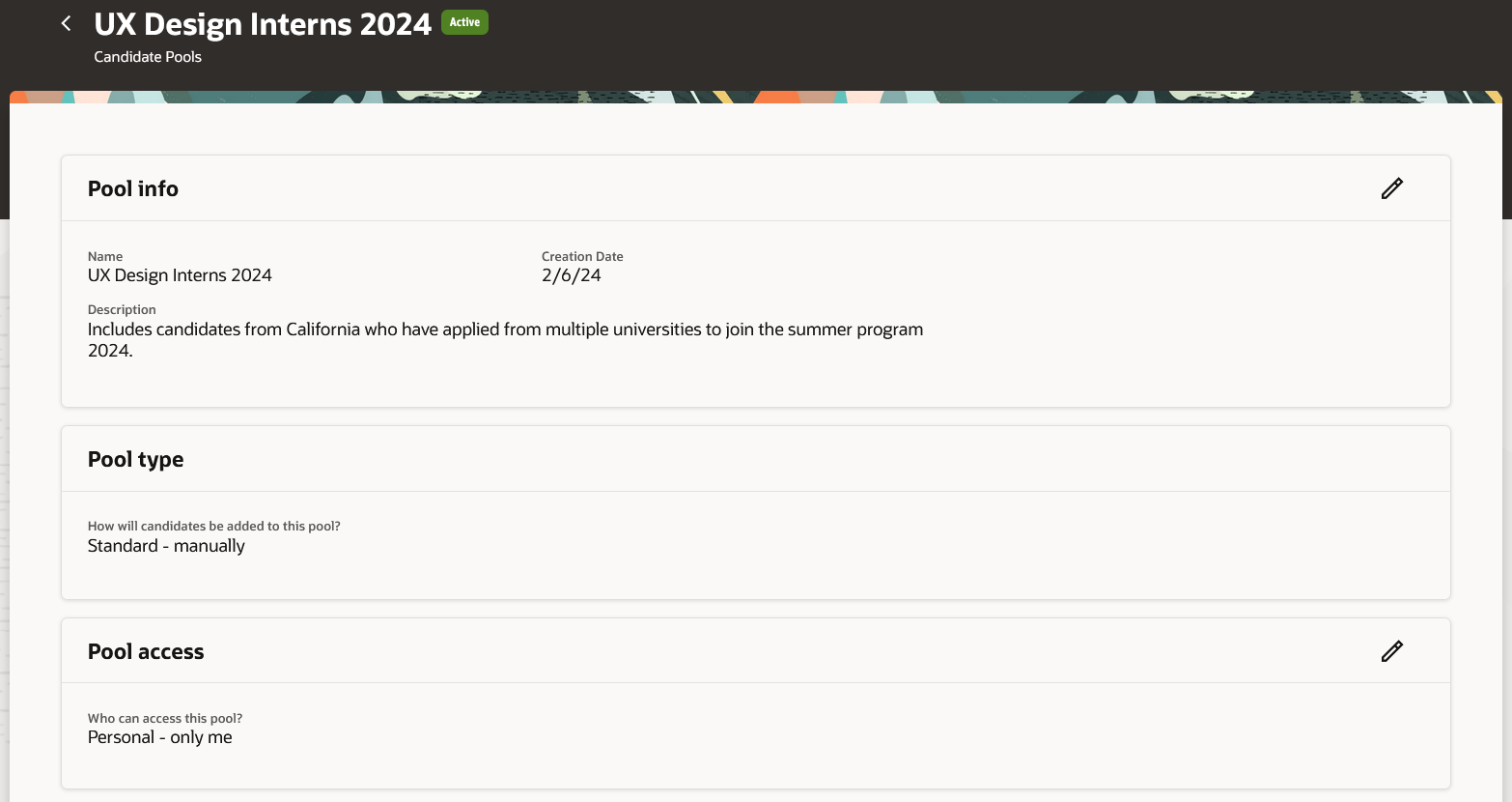 Screen capture of the Candidate Pool details page