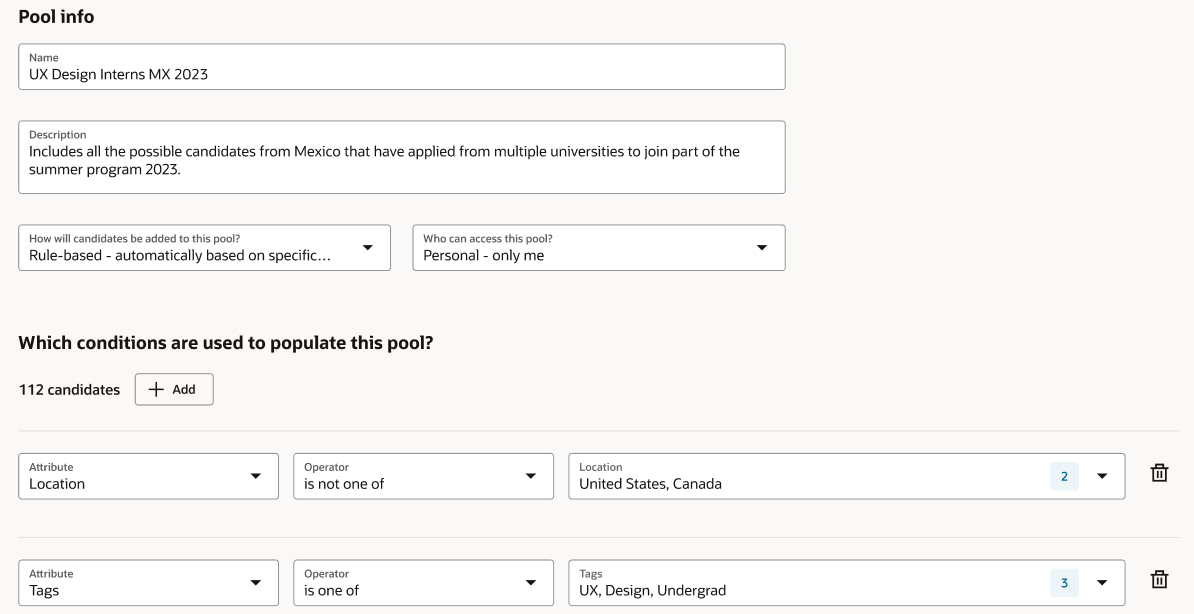 Image showing an example of conditions used to create a rule-based candidate pool.
