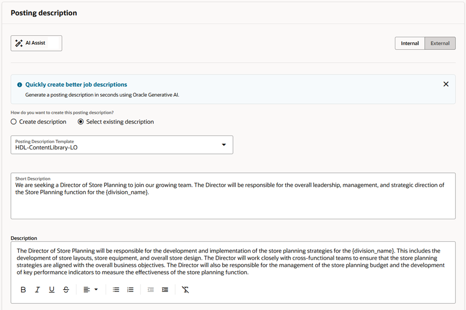 Image showing the AI Assist button for the Job Requisition Posting Description