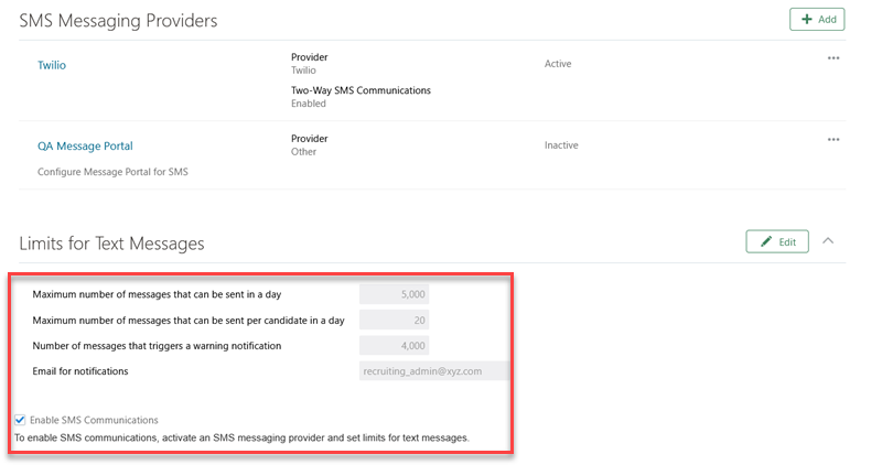 Limits for Text Messages section to enable SMS communications and set limits for text messages