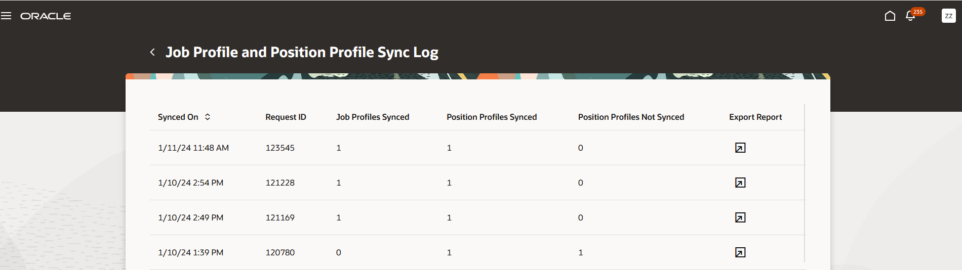 Screen capture of the Job Profile and Position Profile Sync Log page