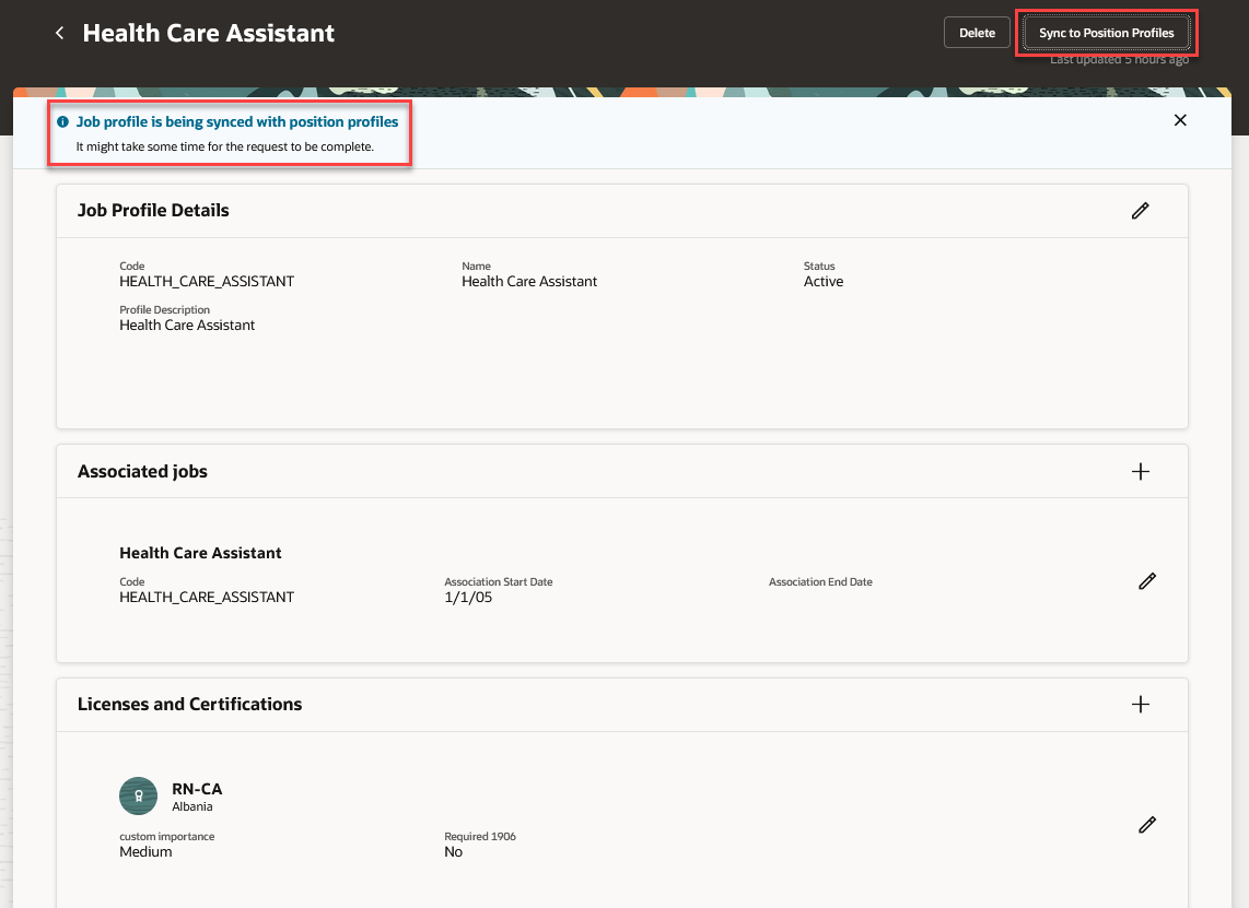 Screen capture of a job profile with 'Sync to Position Profiles' button and information message
