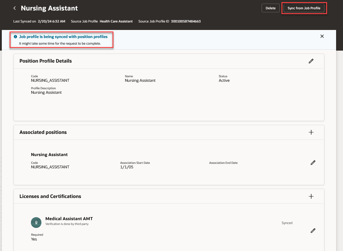 Screen capture of a position profile with 'Sync to Job Profiles' button and information message