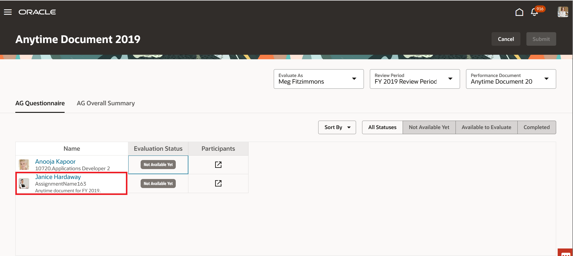 Screenshot that shows the anytime document description being displayed on the All-in-One Evaluation page.