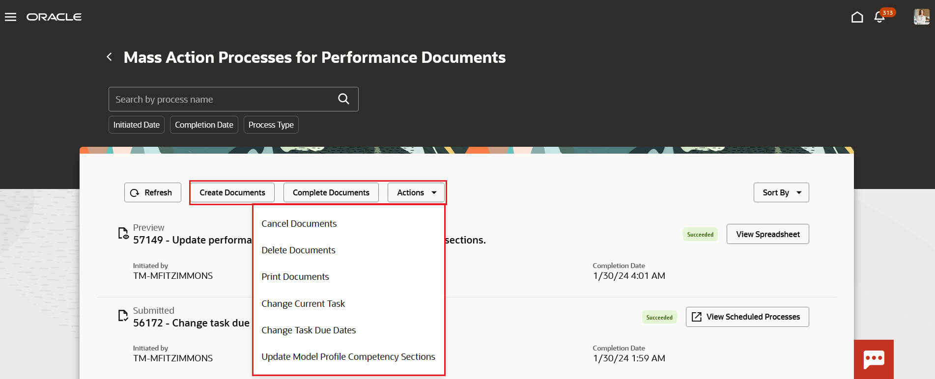 Screenshot of the Mass Action Processes page that has the actions highlighted.