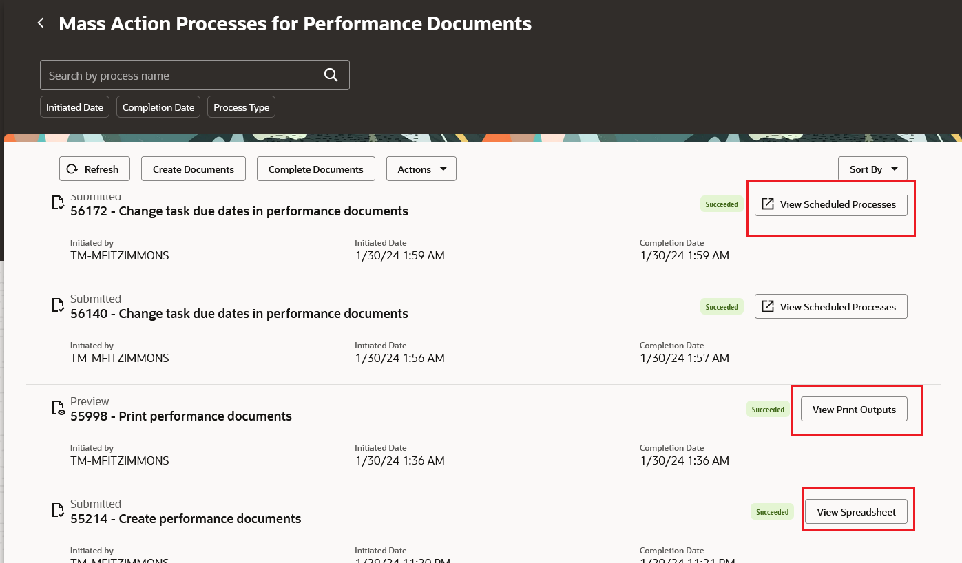 Screenshot of the Mass Action Processes page that shows the View Scheduled Processes button highlighted. 