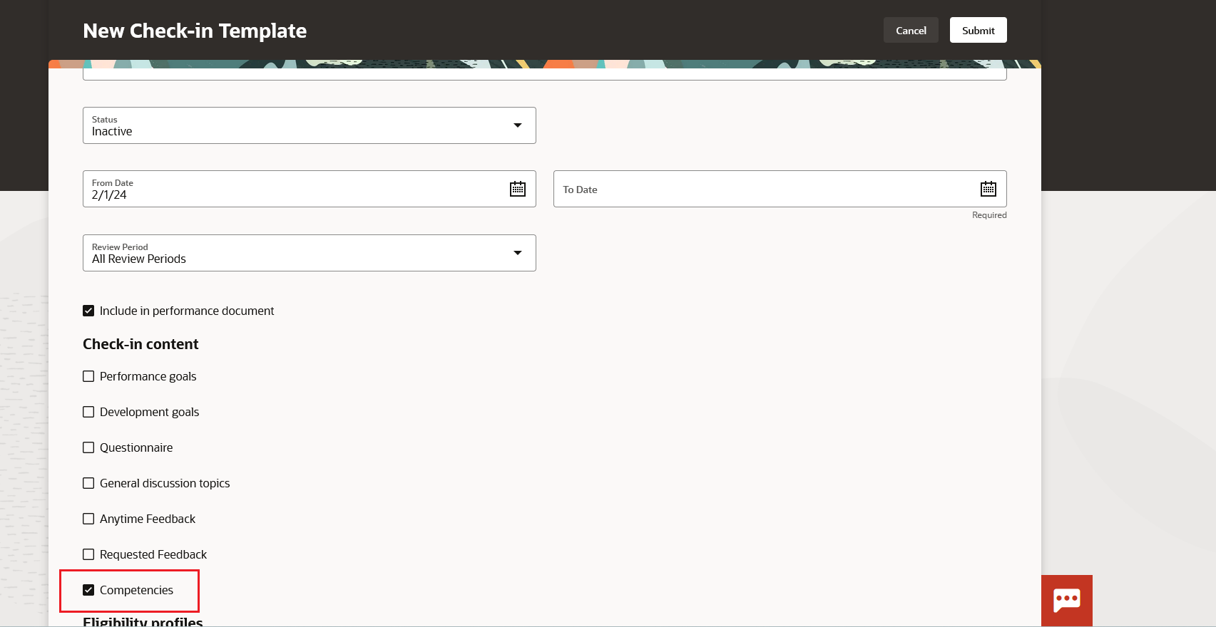 Screenshot of the New Check-in Template page with the Competencies option highlighted.
