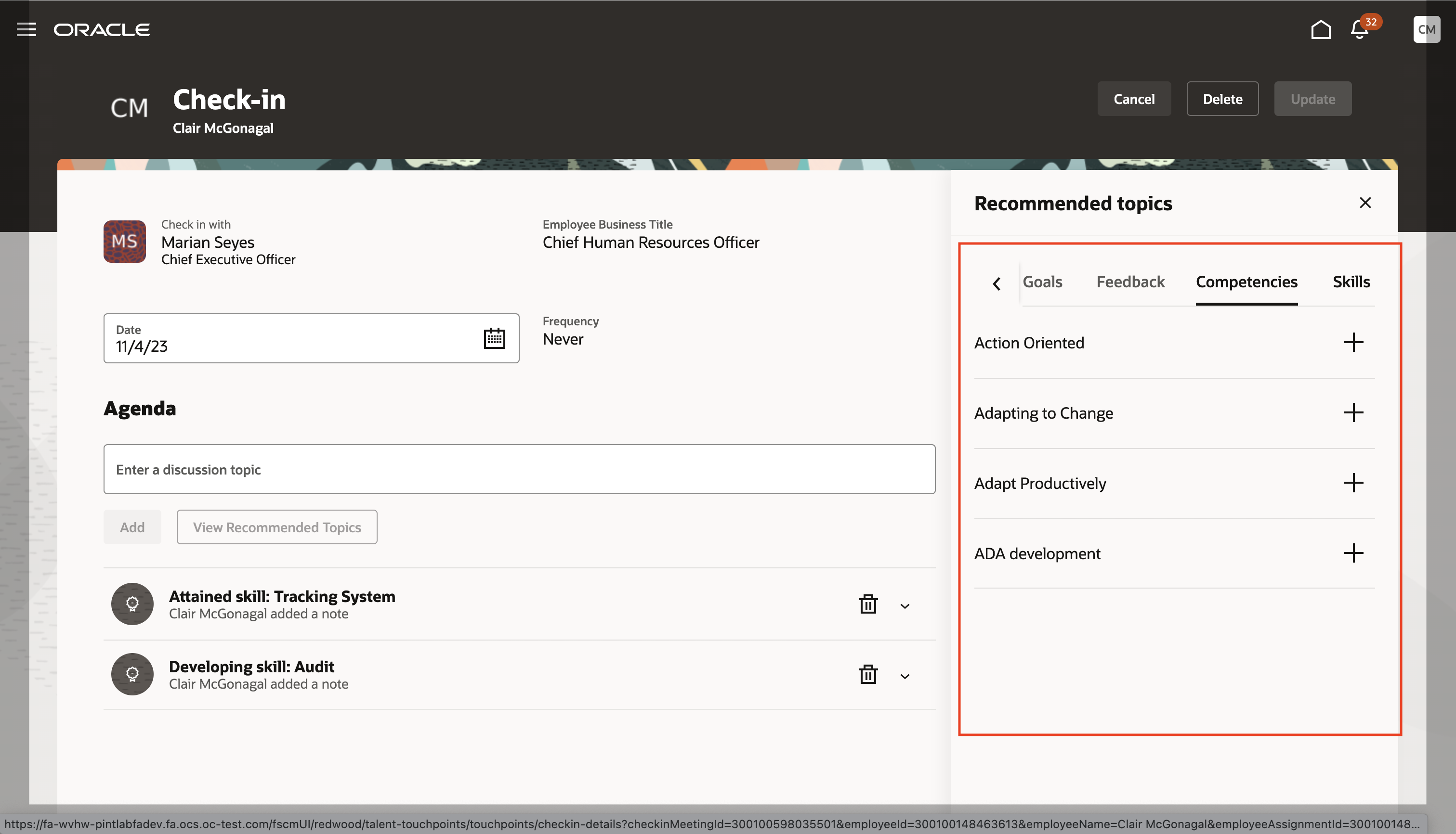 Screenshot of the Check-In document with the competencies discussion topics highlighted in the panel drawer.