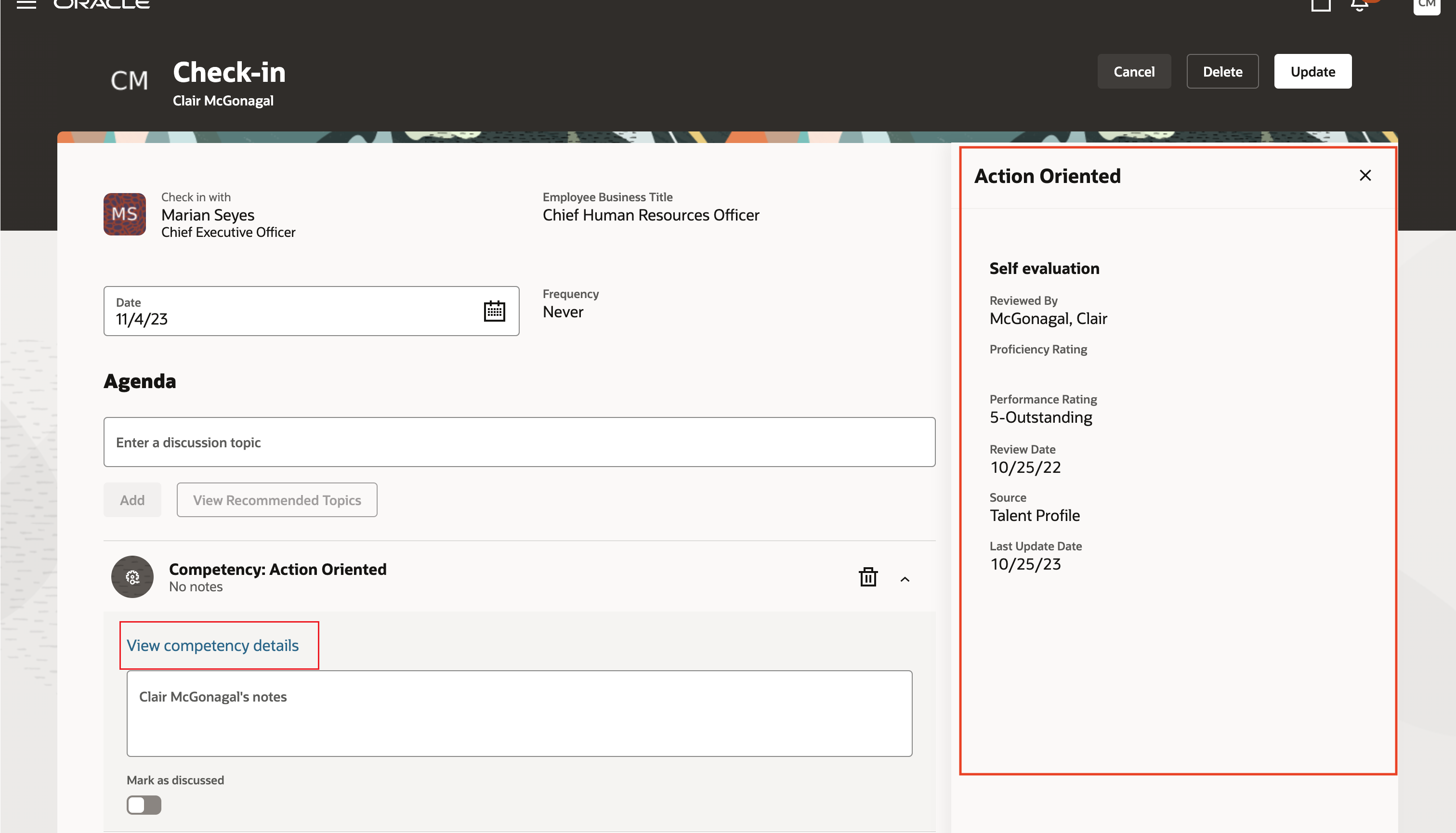 Screenshot of the check-in document with View Competency Details link highlighted for a specific competency.