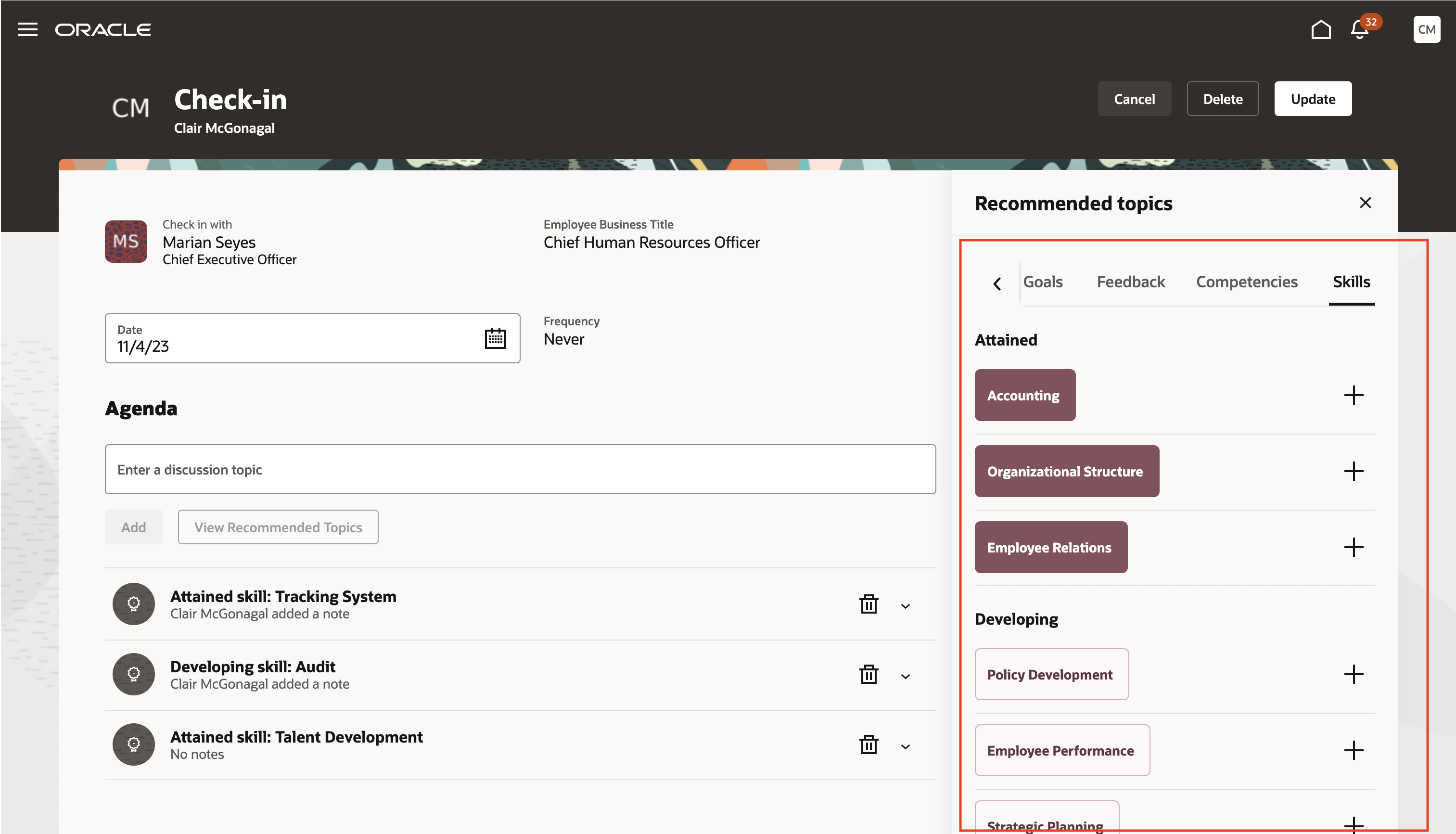 Screenshot of Check-in document with Skills highlighted as discussion topics.