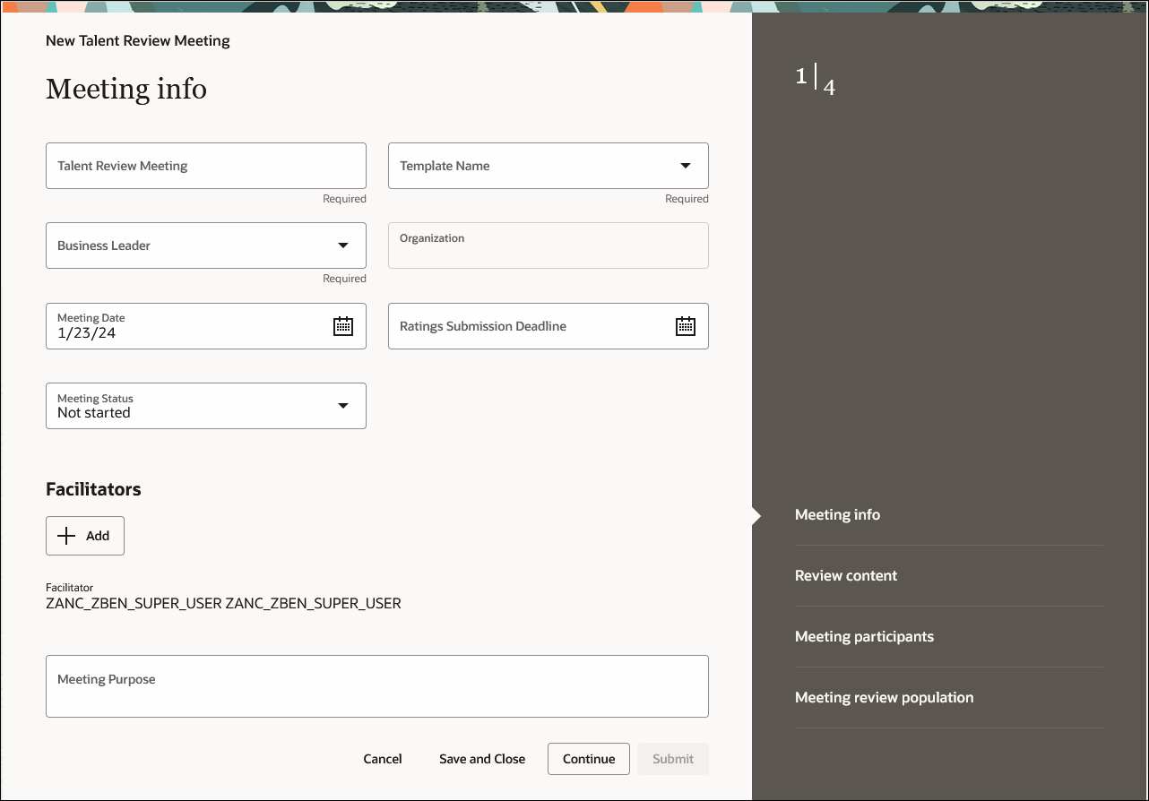 Meeting Info tab of the Talent Review Meeting configuration process