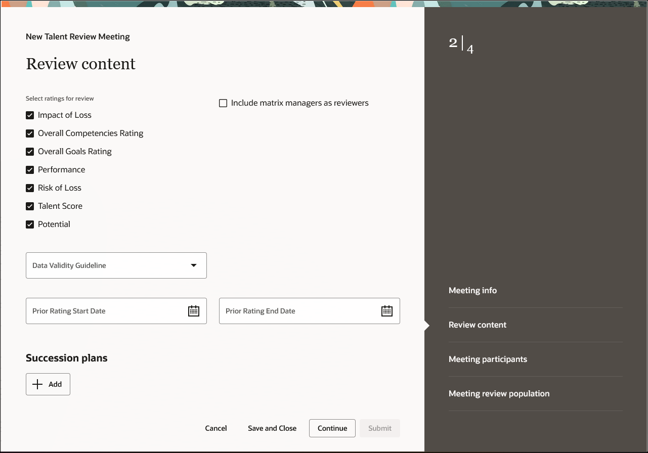 Review content tab of the Talent Review Meeting configuration process