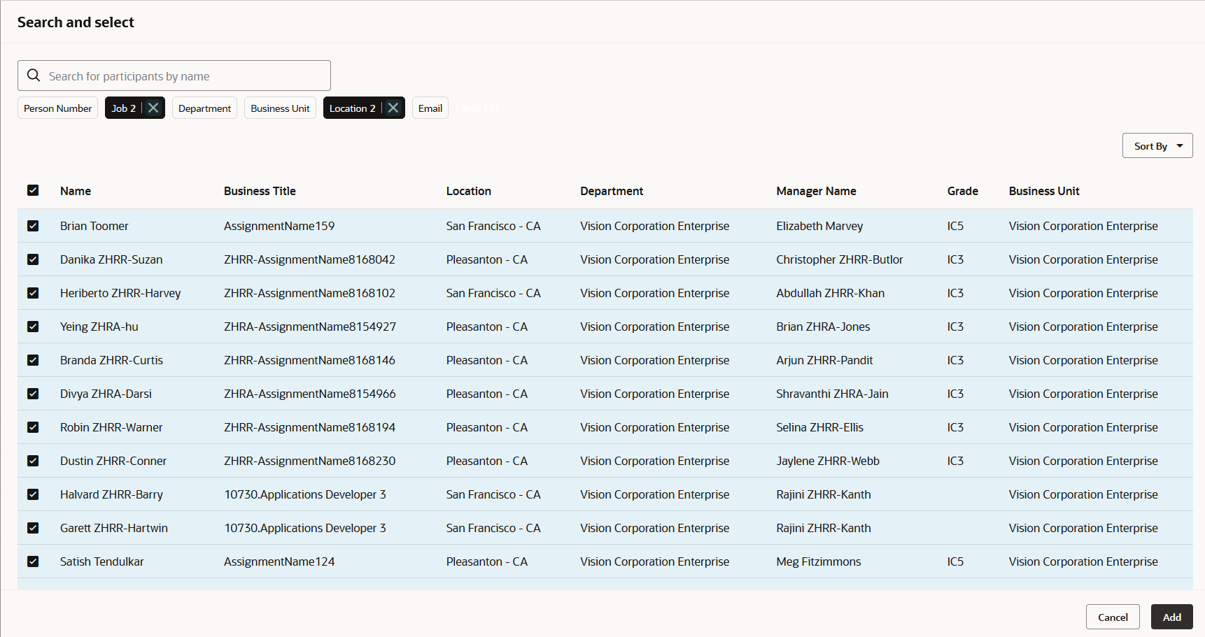 Search and select panel with Job and Location filters applied