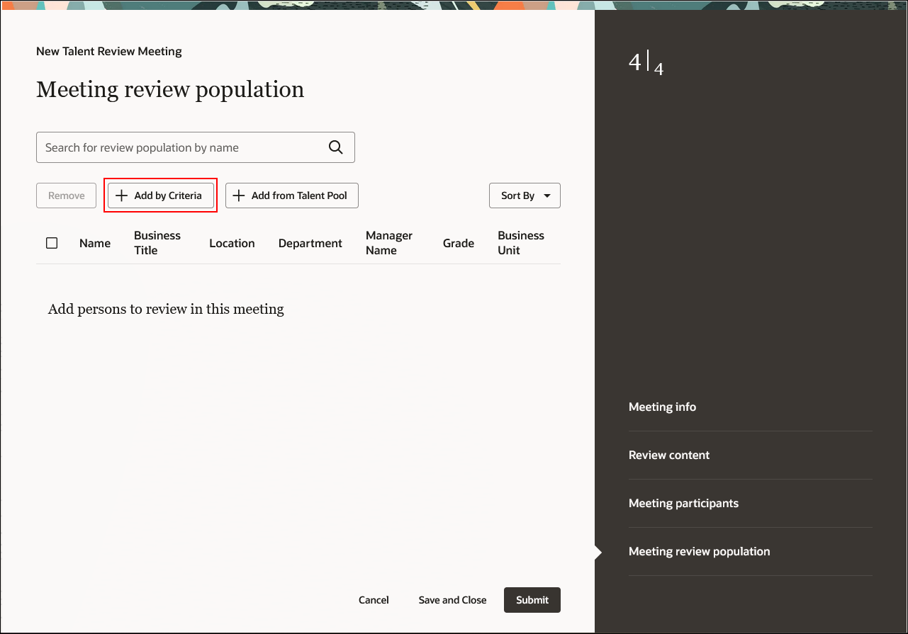 Meeting review population tab of the Talent Review Meeting configuration process with the Add by Criteria button highlighted