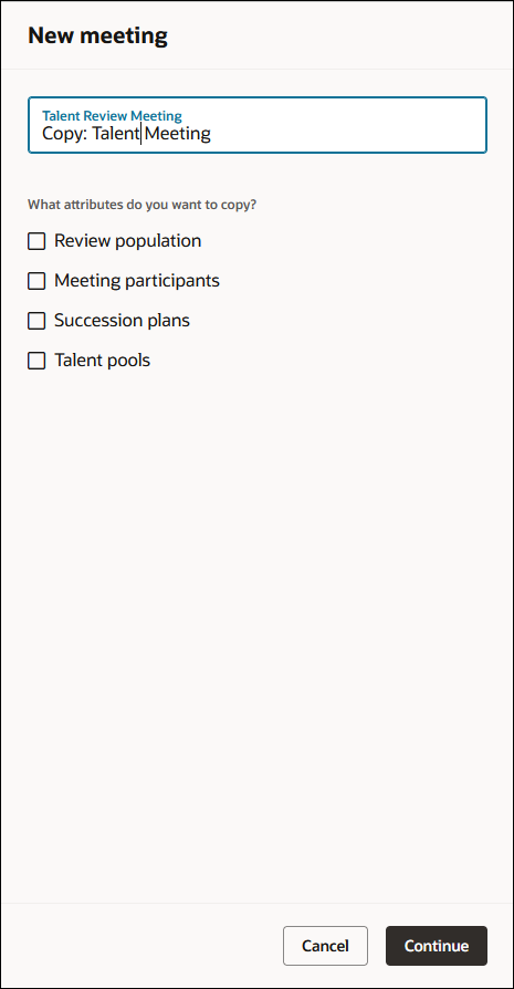 New meeting drawer panel that lists the attributes to copy