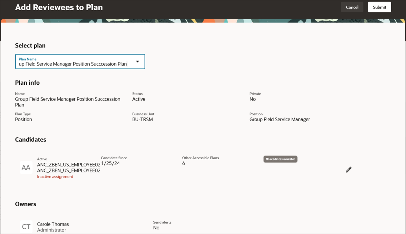 Add Reviewees to Plan page with a succession plan selected