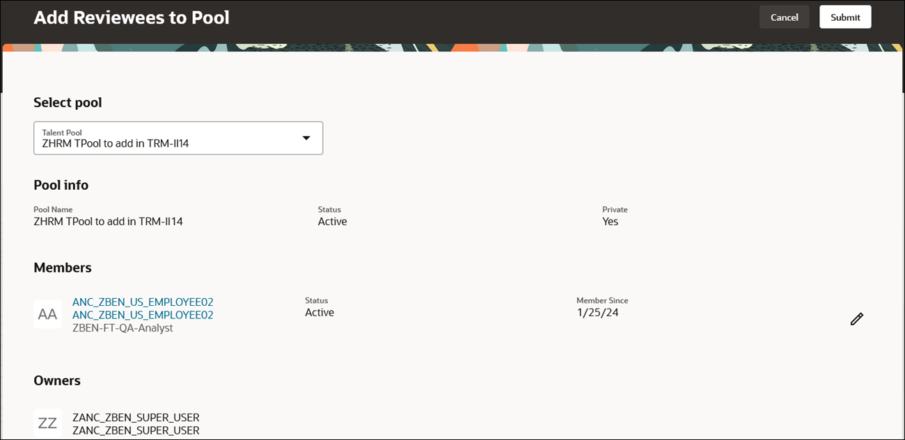 Add Reviewees to Pool page with a talent pool selected
