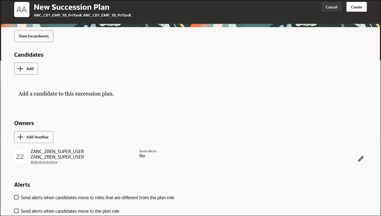 Candidates, Owners, and Alerts Sections of New Succession Plan Page