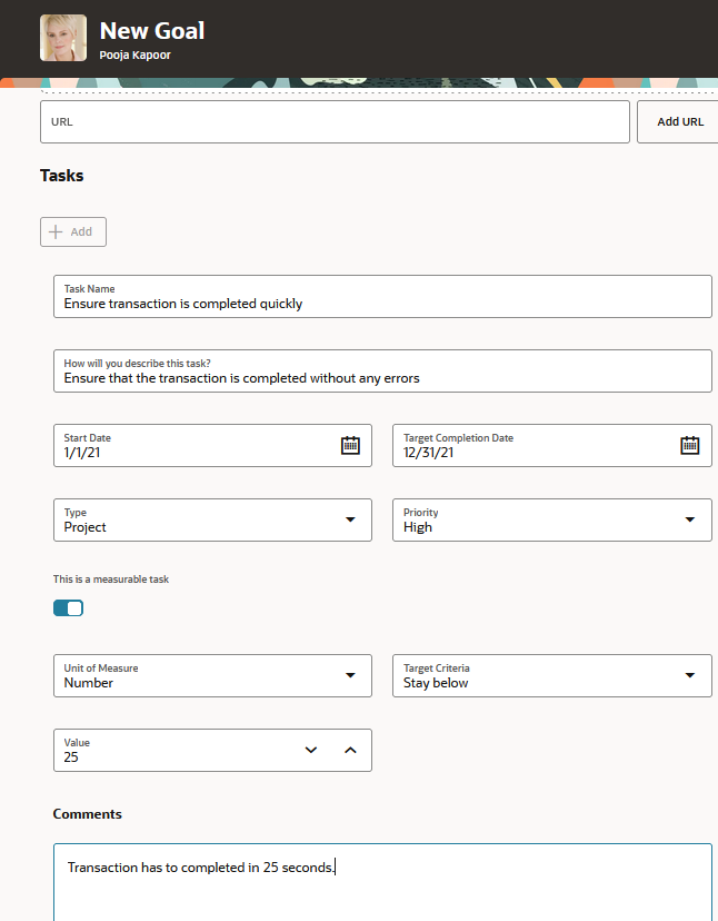 Tasks section of New Goal page