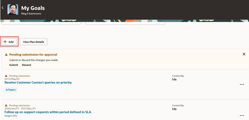 Screenshot of the My Goals page with the Pending submission for approval banner and the Add button highlighted