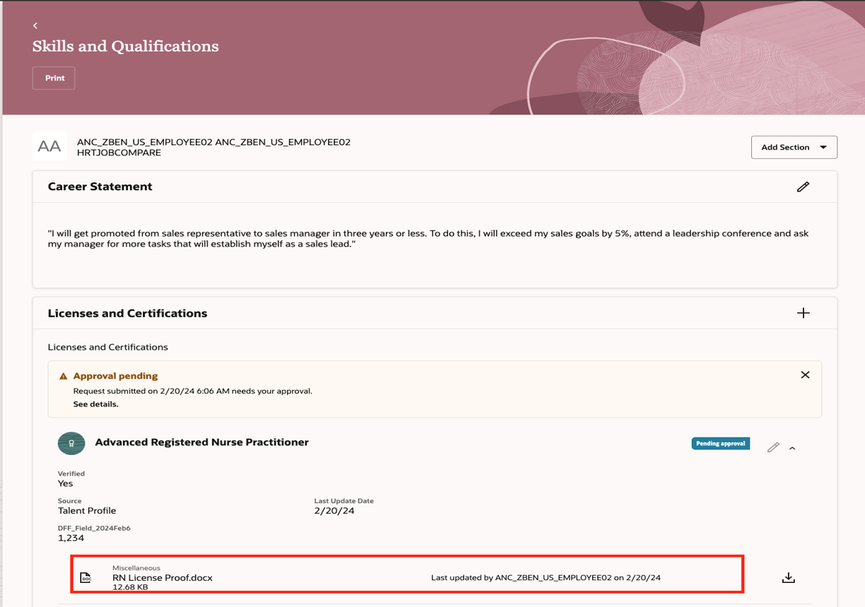 Screen capture of item level attachment in the Skills and Qualifications page