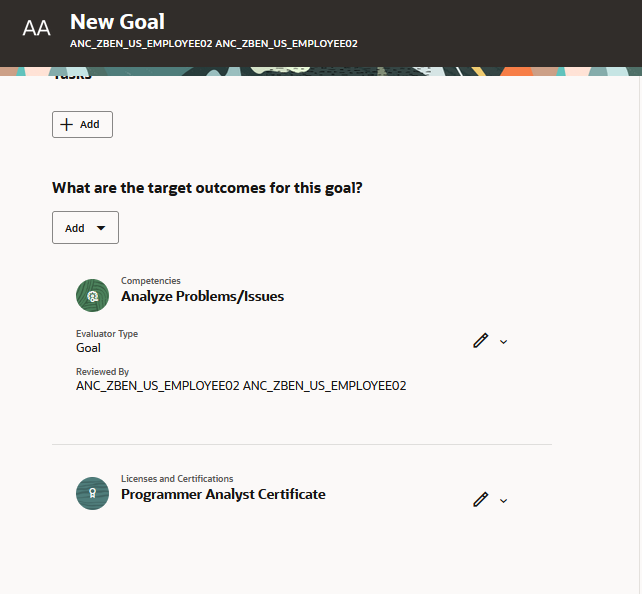 New Goal page - Target outcomes section