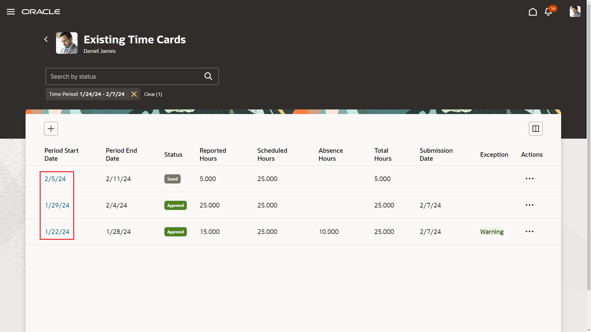 Existing Time Cards Page Showing the Period Start Date Links