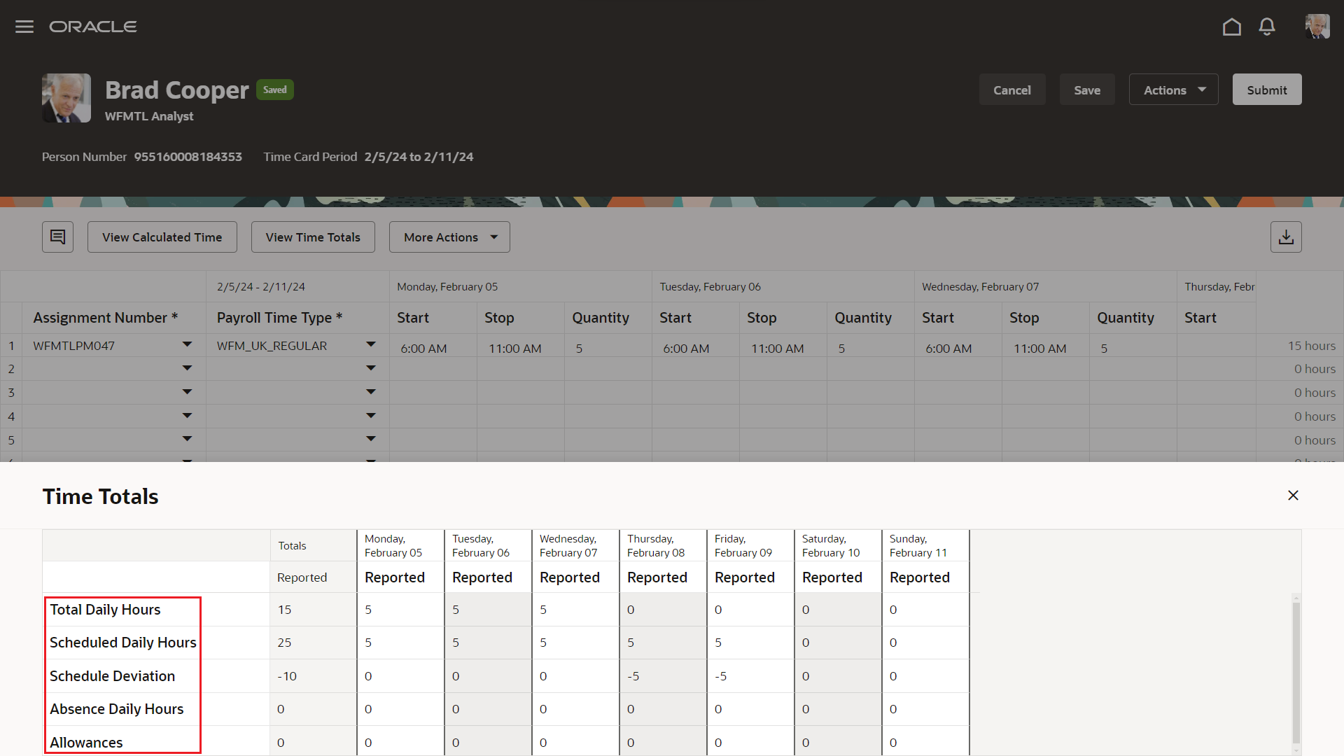 Enhanced Time Card with the Time Totals Panel Drawer Open and the Labels Highlighted