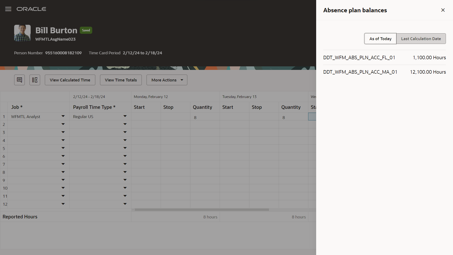 Worker Enhanced Time Card with the Absence Plan Balances Drawer Open