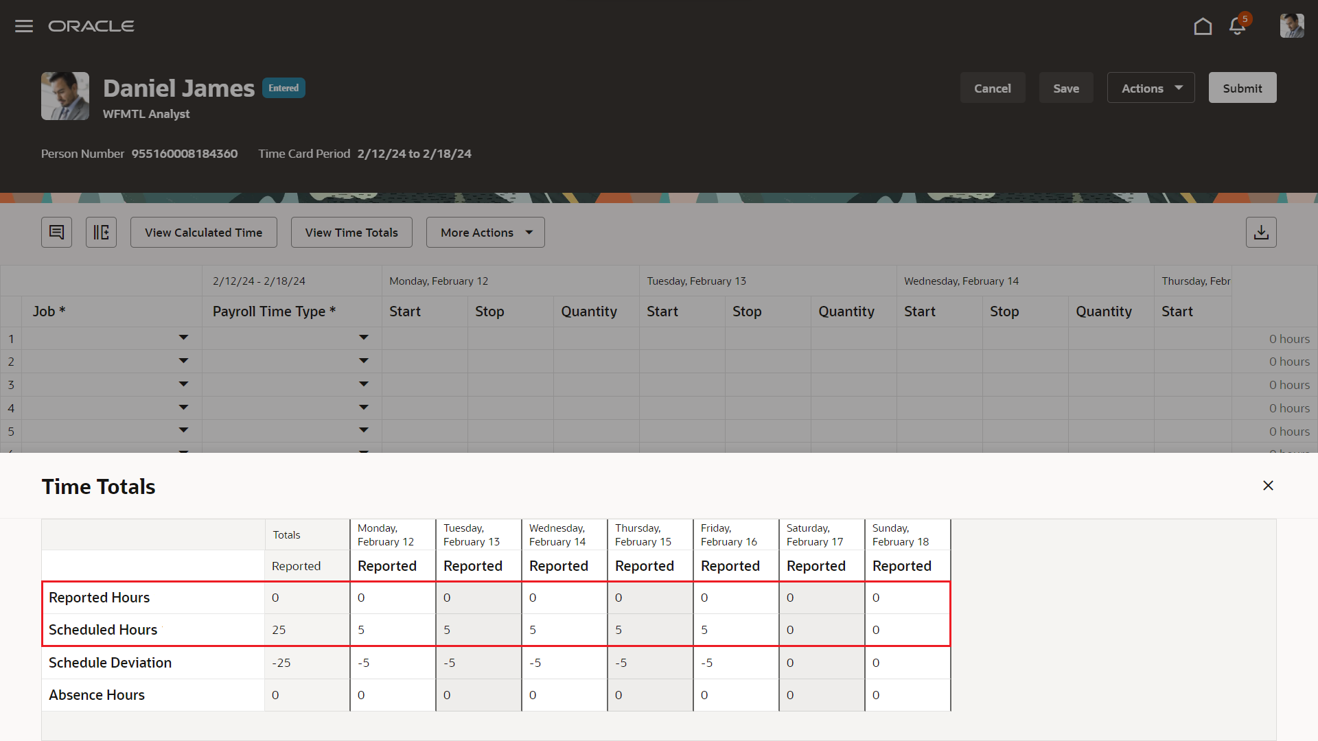 Time Totals Drawer with Reported and Schedule Hours Rows Highlighted