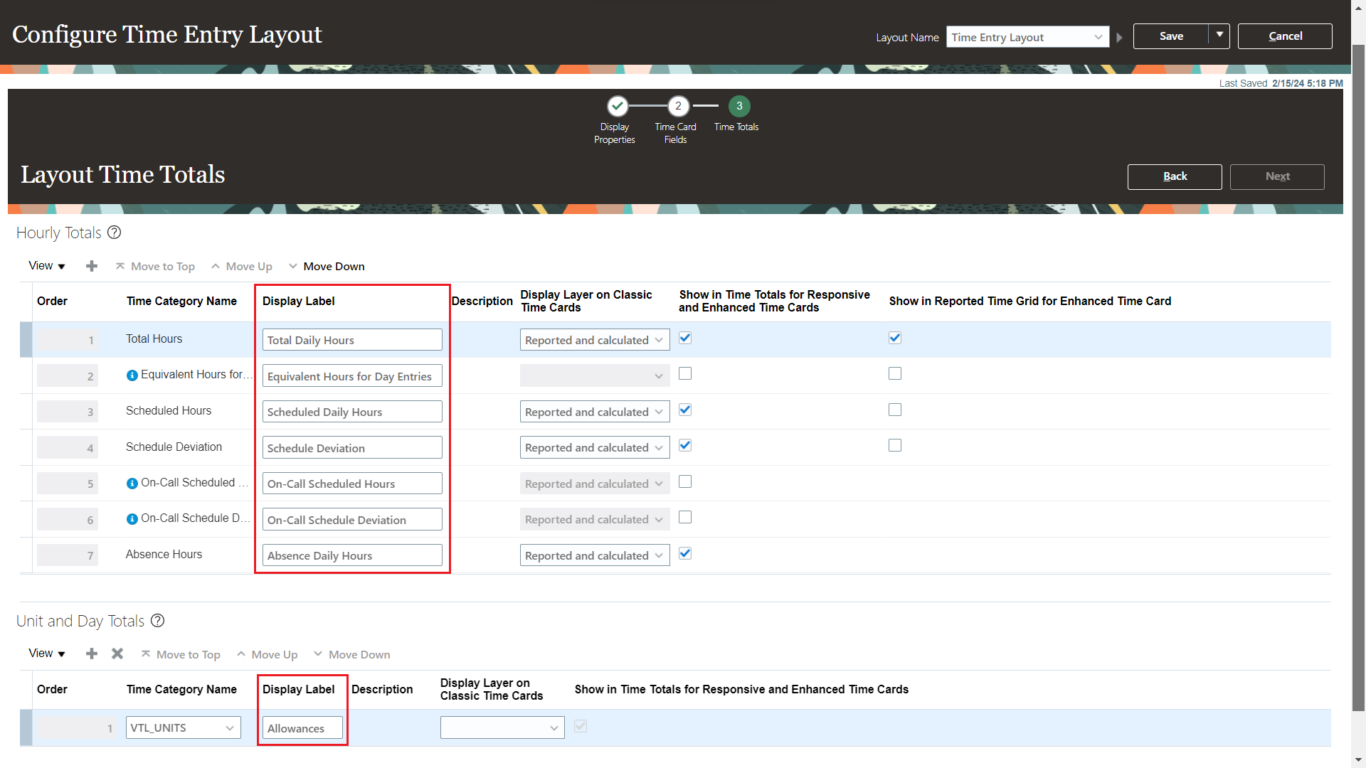 Configure Time Entry Layout Page Showing Where to Configure Display Labels for Time Totals