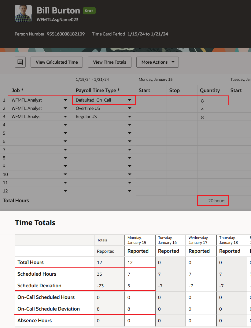 Enhanced Time Card Showing the Defaulted Time Entry and Time Totals Drawer with On-Call Totals