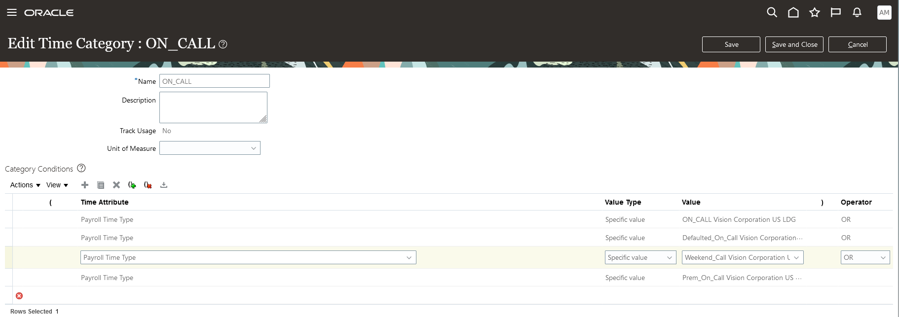 Edit Time Category Page with On-Call Category Conditions